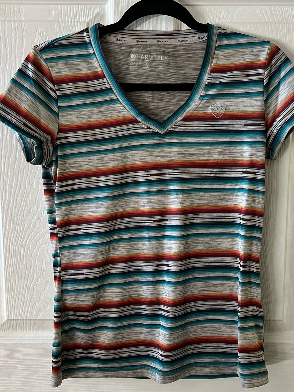Ariat Multicolor Striped V‑Neck Tee with Teal & Rust Accents